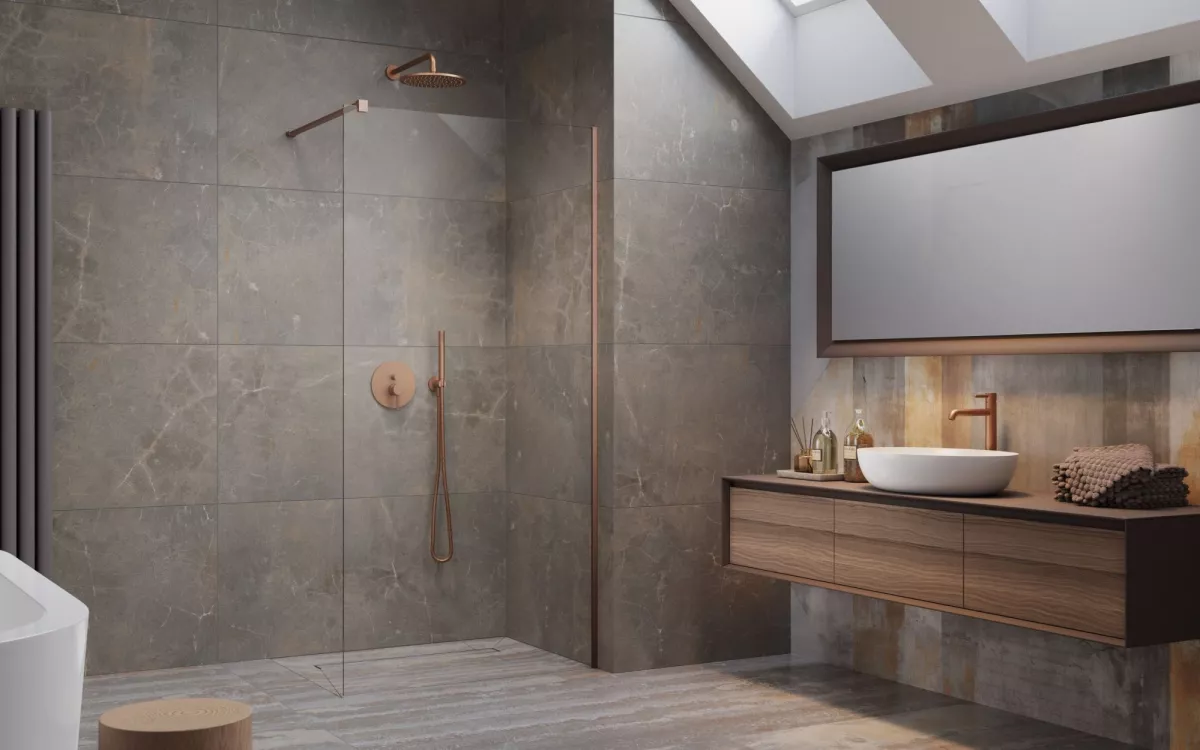Modo New Brushed Copper II Walk-in szálcsiszolt réz zuhanyfal enteriőr