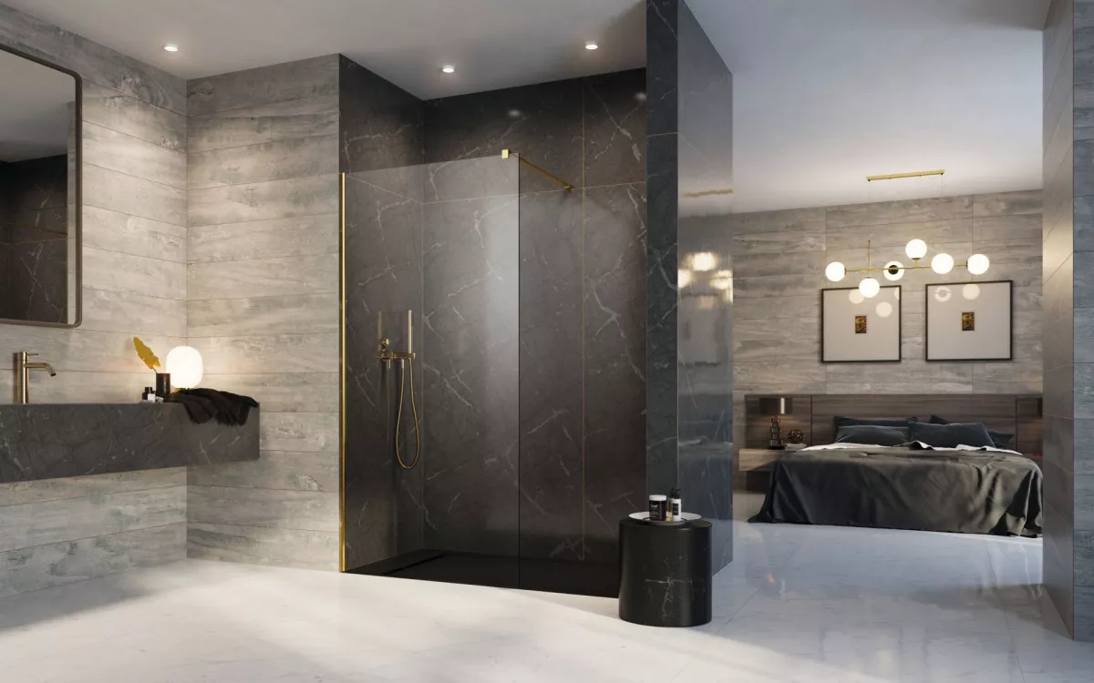 Modo New Gold II arany walk-in zuhanyfal enteriőr