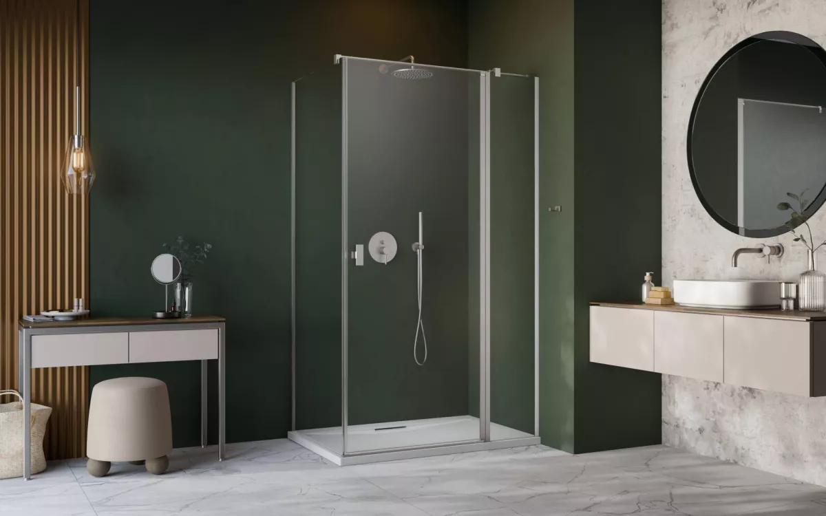 Nes Brushed Nickel KDJ II szögletes szálcsiszolt króm zuhanykabin enteriőr (a képen jobbos zuhanykabin látható)