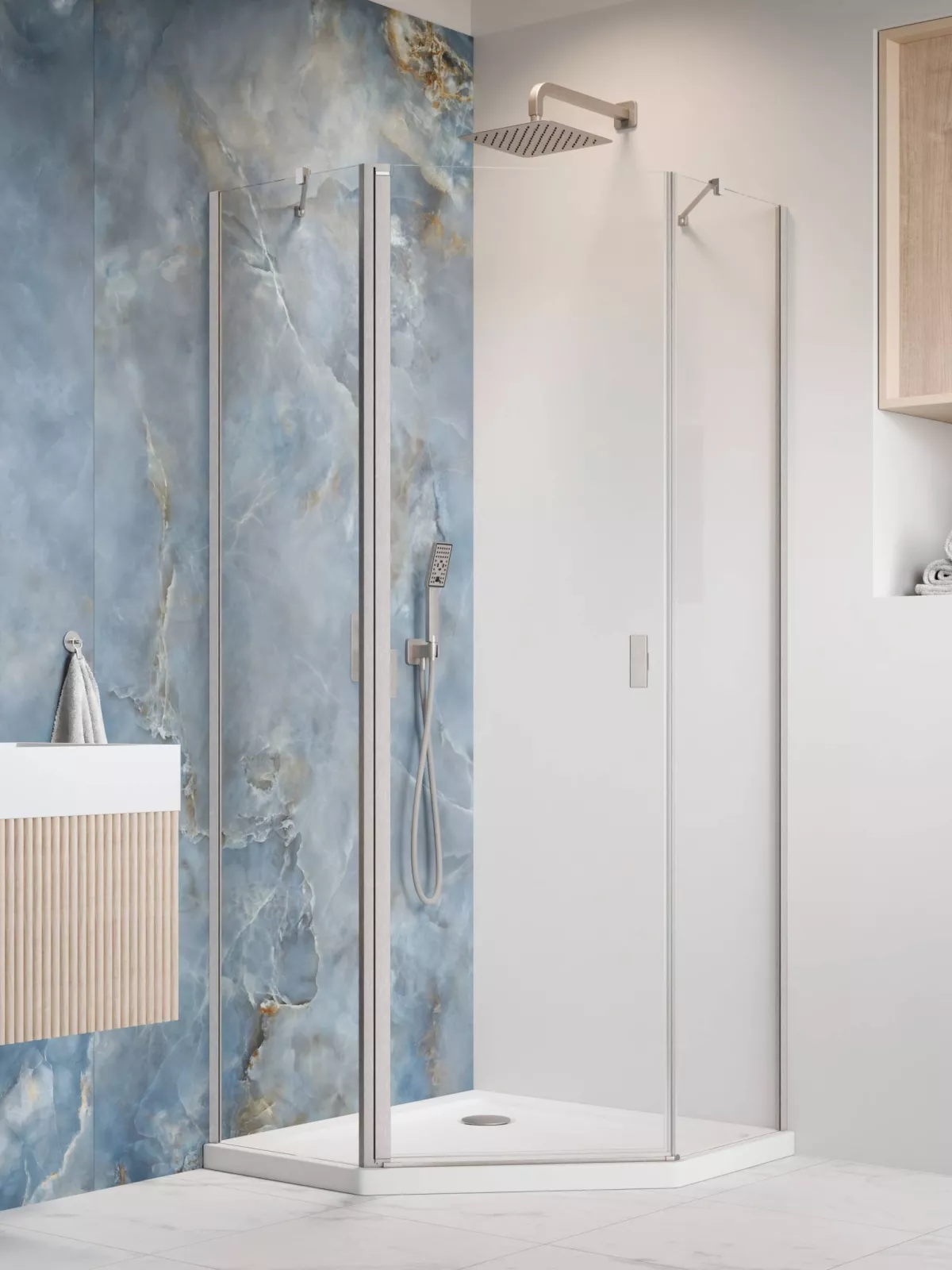 Nes Brushed Nickel PTJ szögletes szálcsiszolt króm zuhanykabin (a képen balos zuhanykabin látható)