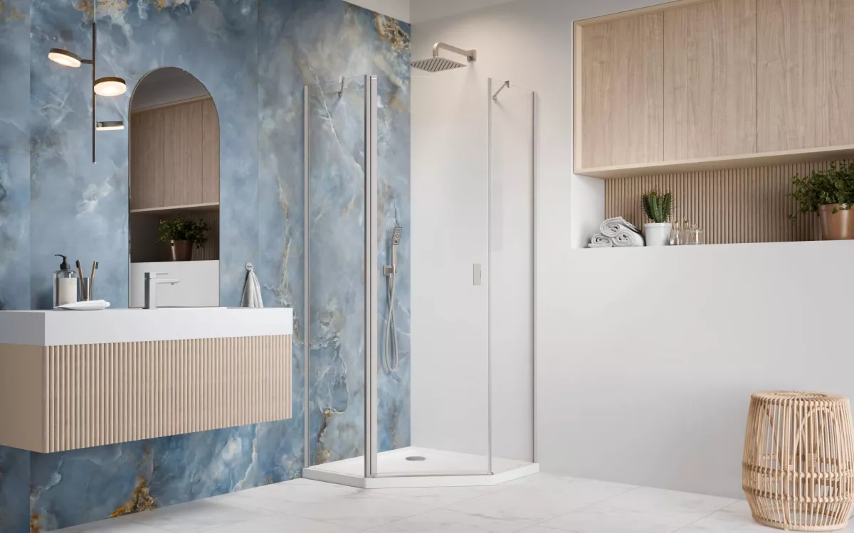 Nes Brushed Nickel PTJ szögletes szálcsiszolt króm zuhanykabin enteriőr (a képen balos zuhanykabin látható)