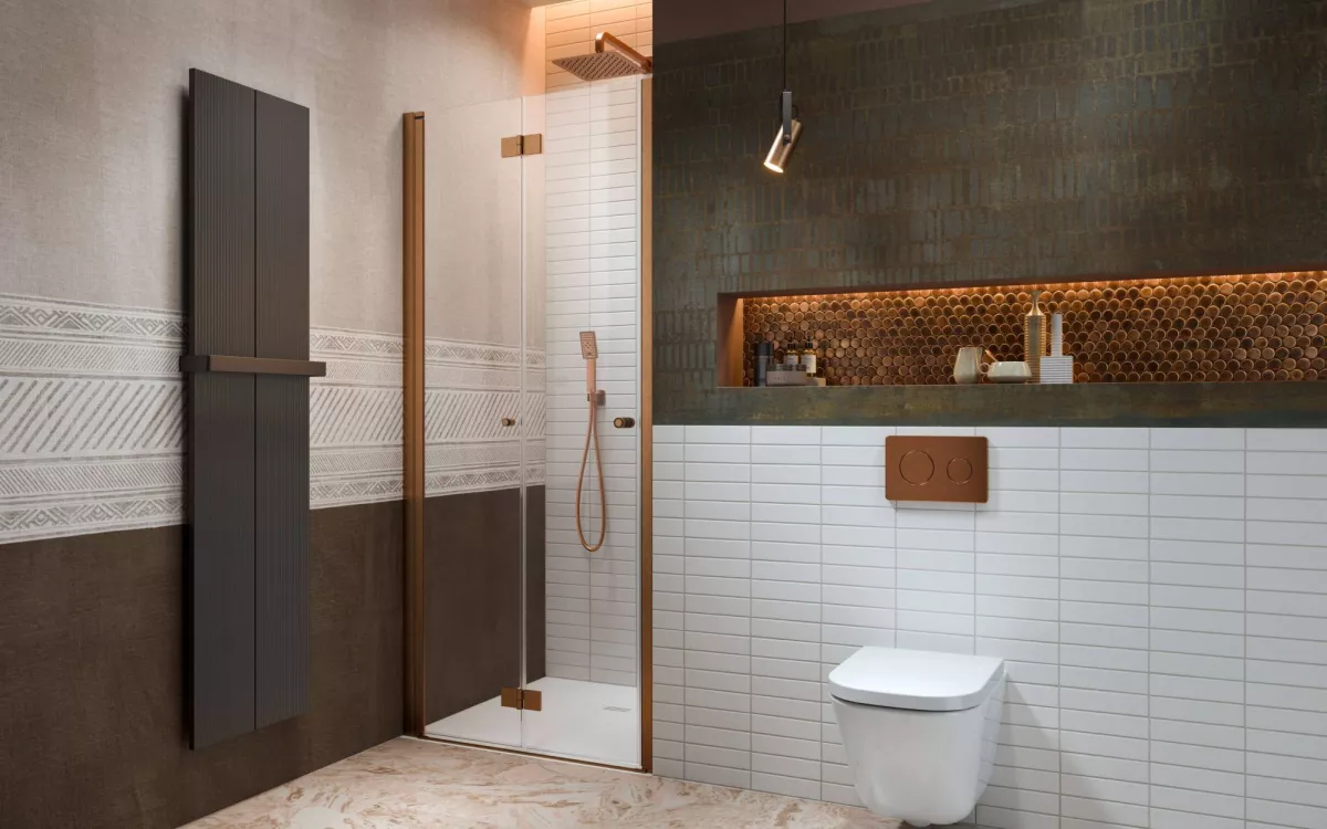 Nes Brushed Copper DWB szálcsiszolt réz zuhanyajtó enteriőr (a képen balos zuhanyajtó látható)