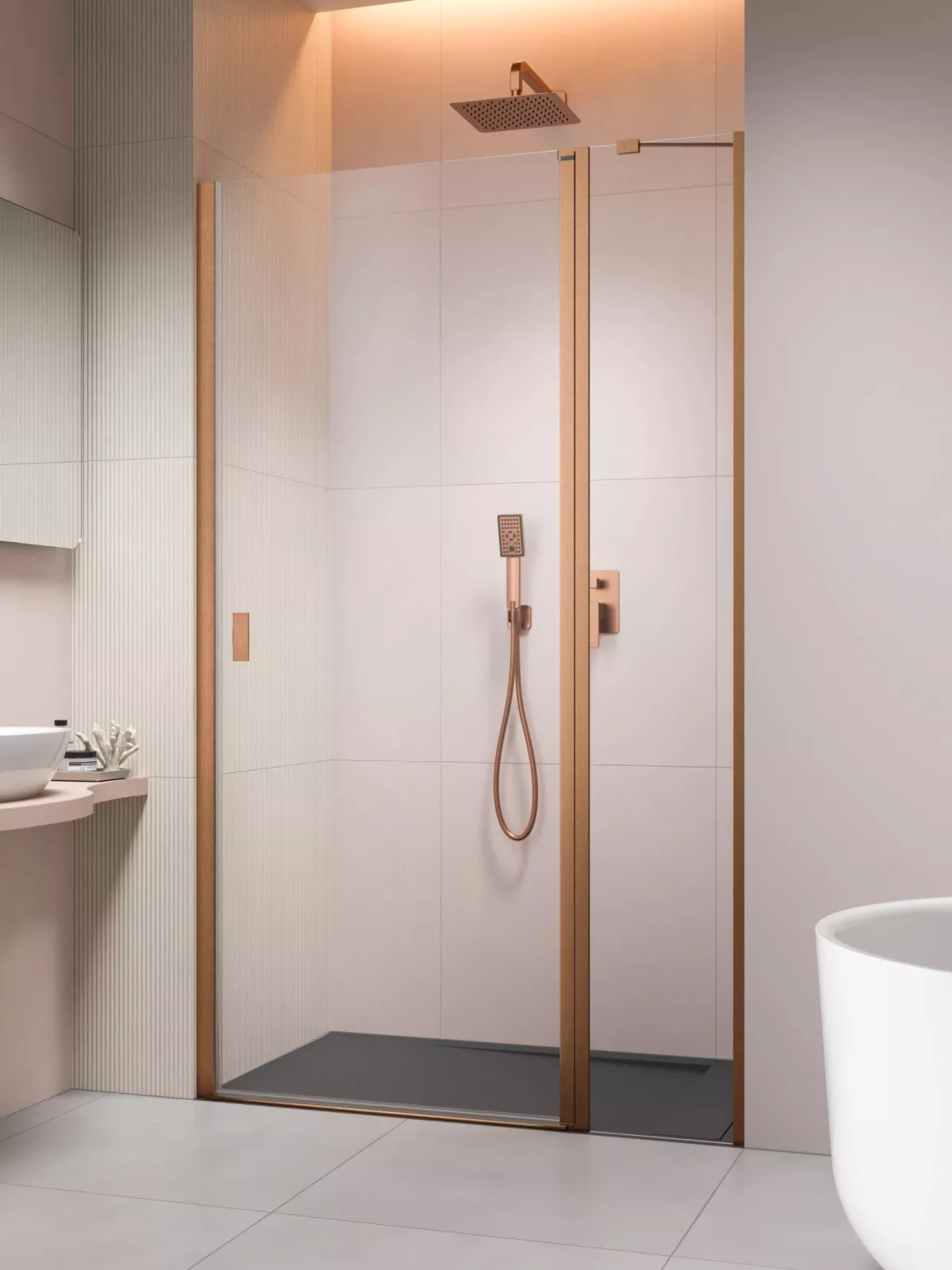 Nes Brushed Copper DWJ II szálcsiszolt réz zuhanyajtó (a képen jobbos zuhanyajtó látható)