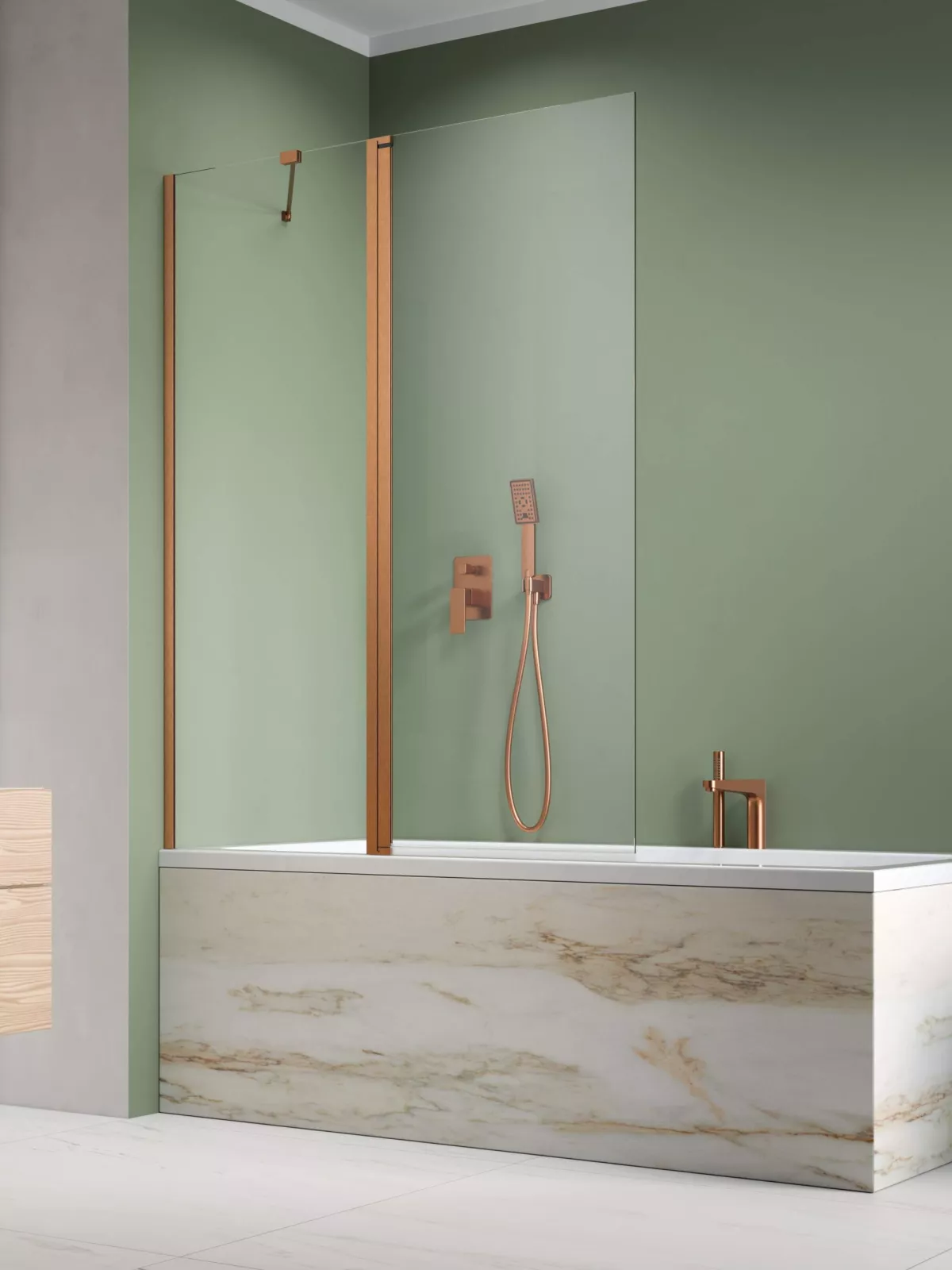 Nes Brushed Copper PND II szálcsiszolt réz kádparaván (a képen balos kádparaván látható)