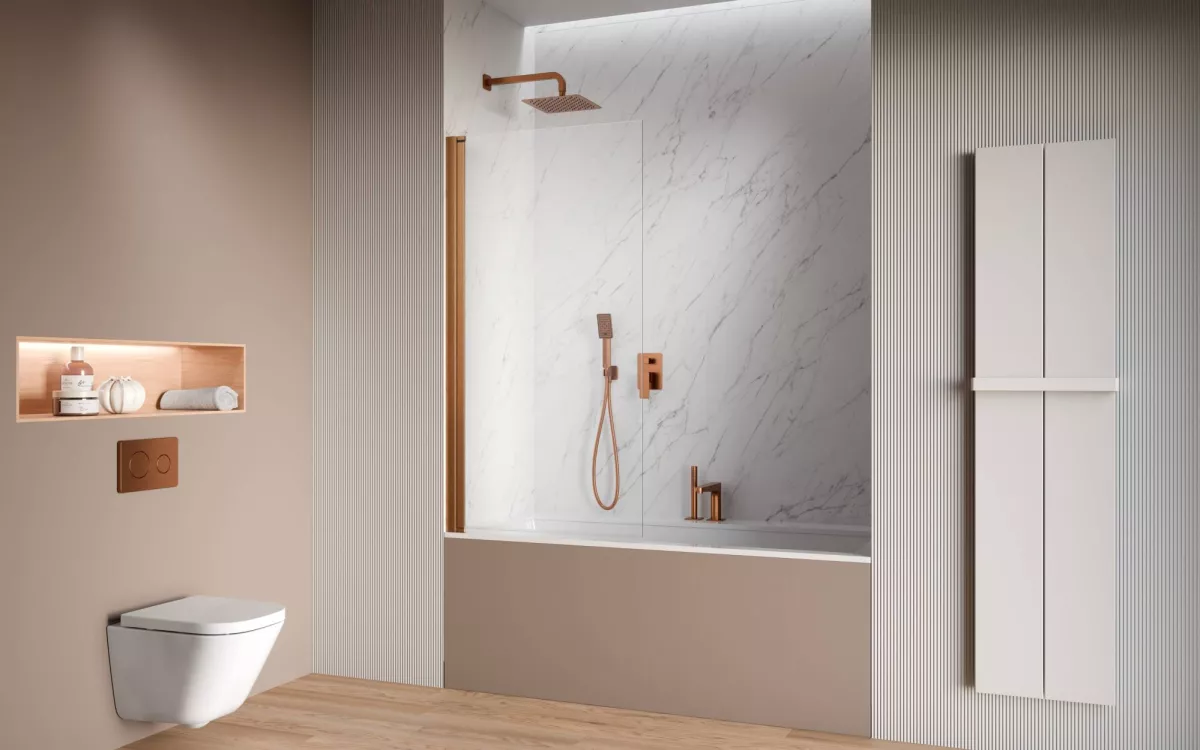 Nes Brushed Copper PNJ I szálcsiszolt réz kádparaván enteriőr (a képen balos kádparaván látható)