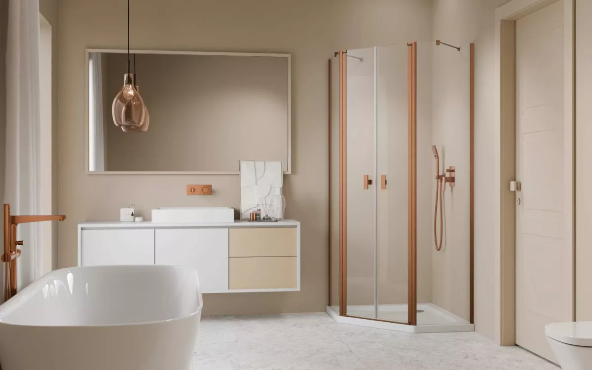 Nes Brushed Copper PTD szögletes szálcsiszolt réz zuhanykabin enteriőr