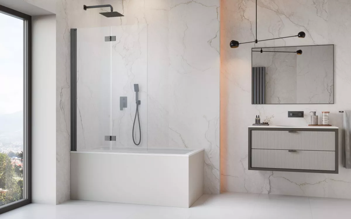Nes Brushed GunMetal PND I szálcsiszolt fegyvermetál kádparaván enteriőr (a képen balos kádparaván látható