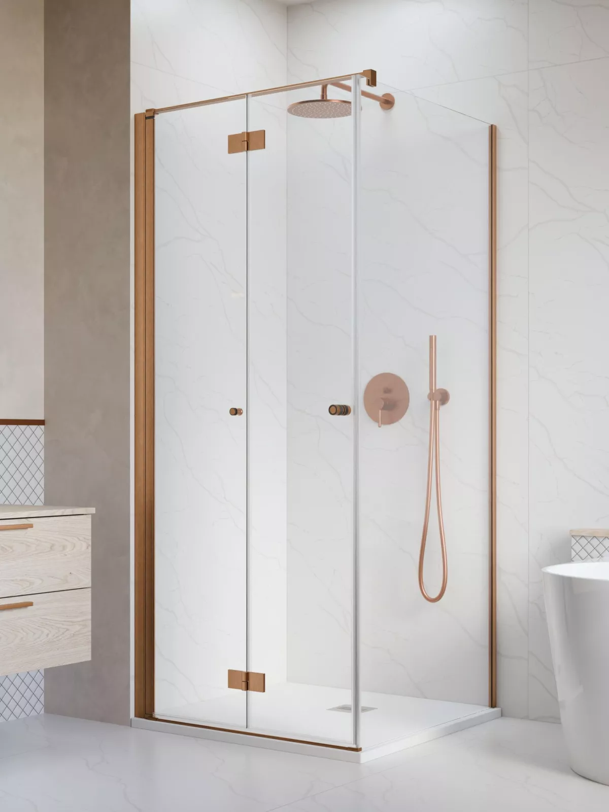 Nes Brushed Copper KDJ-B szögletes szálcsiszolt réz zuhanykabin (a képen balos zuhanykabin látható)