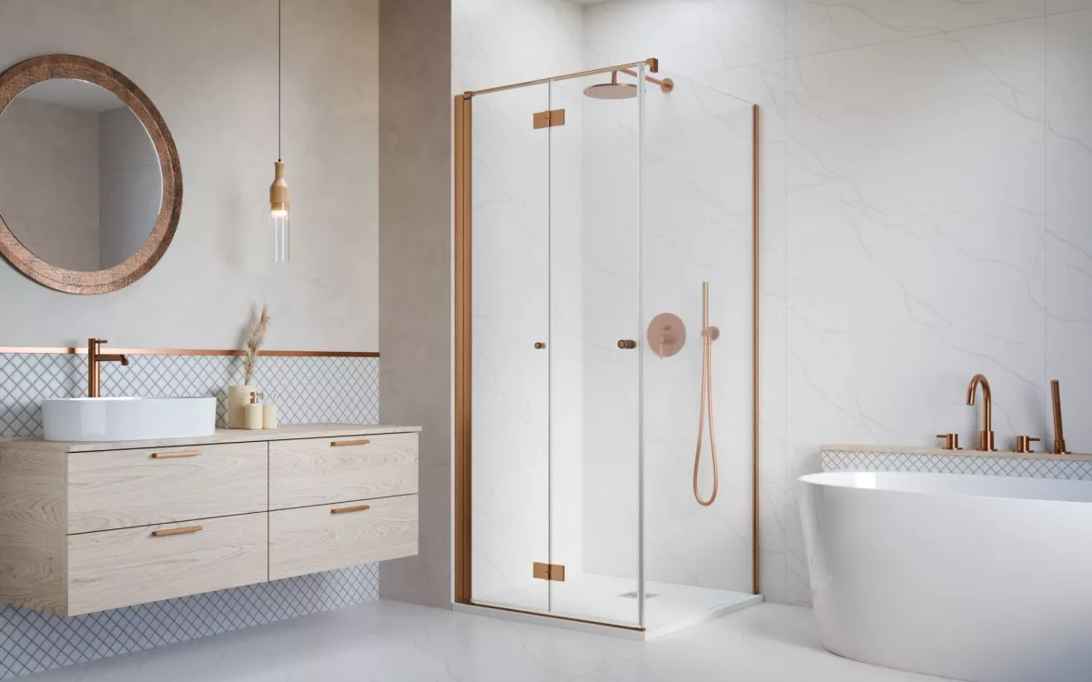 Nes Brushed Copper KDJ-B szögletes szálcsiszolt réz zuhanykabin enteriőr (a képen balos zuhanykabin látható)