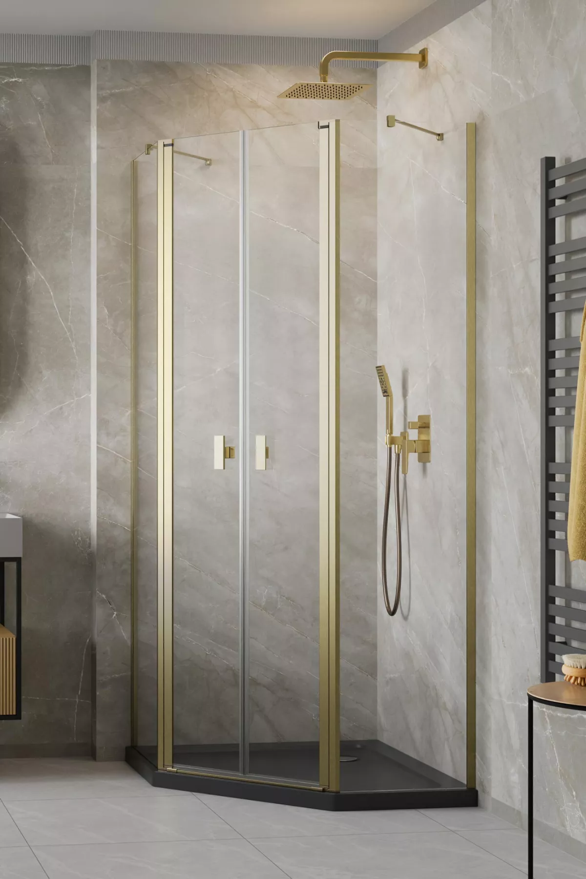 Nes Brushed Gold PTD szögletes szálcsiszolt arany zuhanykabin