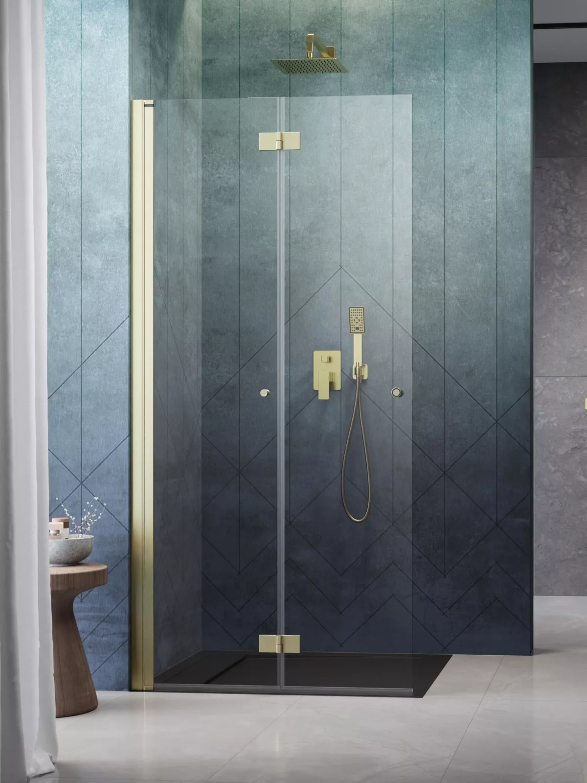 Nes Brushed Gold Walk-in KDD-B szálcsiszolt arany zuhanyfal (a képen balos zuhanyfal látható)