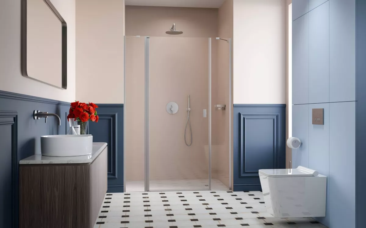 Nes Brushed Nickel DWJS szálcsiszolt króm zuhanyajtó enteriőr (a képen balos zuhanyajtó látható)