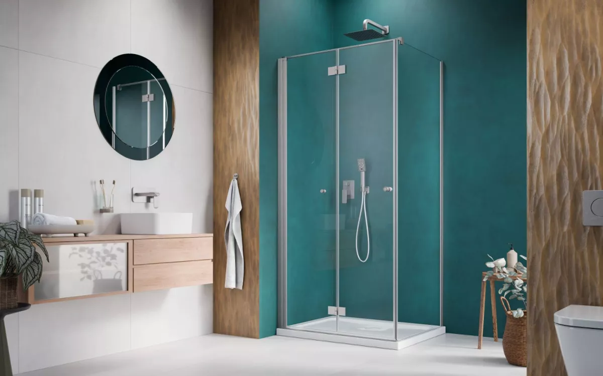 Nes Brushed Nickel KDJ-B szögletes szálcsiszolt króm zuhanykabin enteriőr (a képen balos zuhanykabin látható)