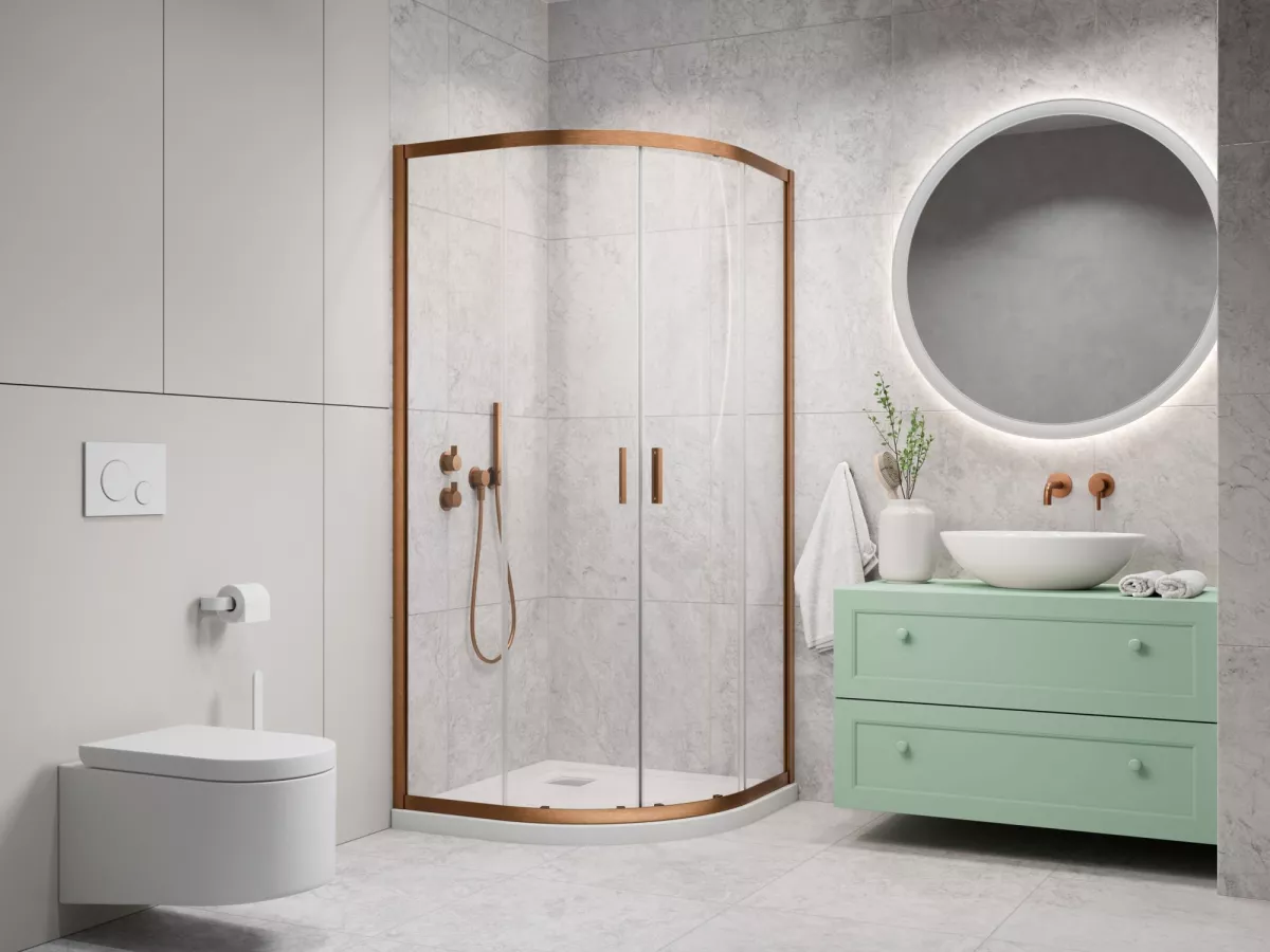 Alienta Brushed Copper A-C íves szálcsiszolt réz zuhanykabin enteriőr