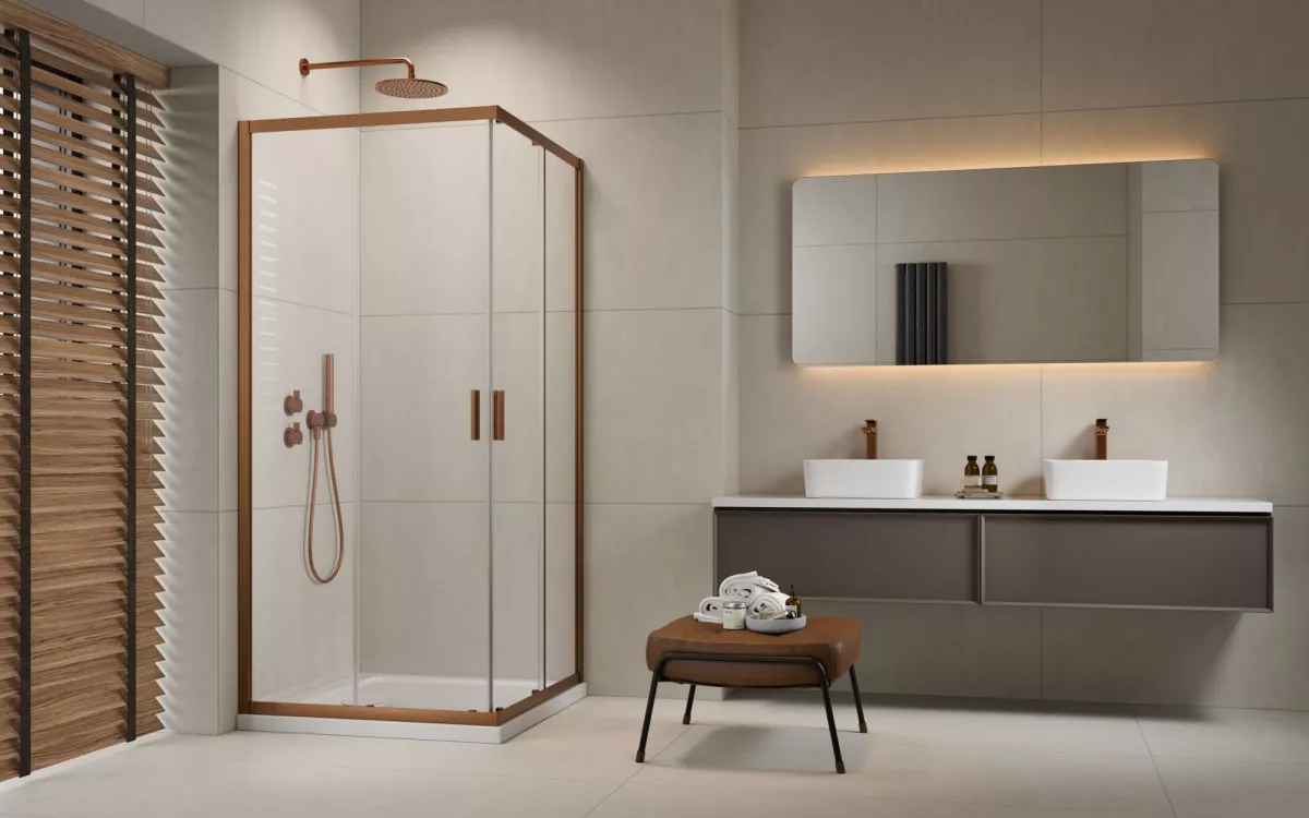 Alienta Brushed Copper C-D szögletes szálcsiszolt réz zuhanykabin enteriőr