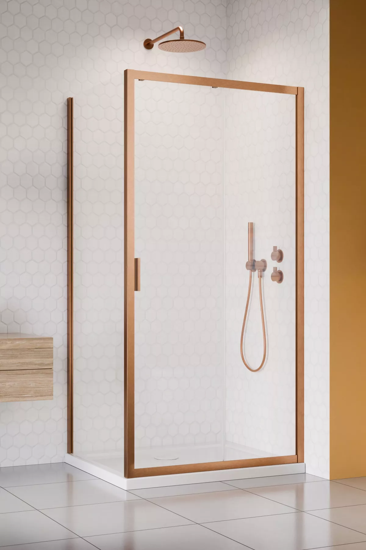 Alienta Brushed Copper DWJ+S szálcsiszolt réz zuhanykabin (a képen jobbos zuhanykabin látható)