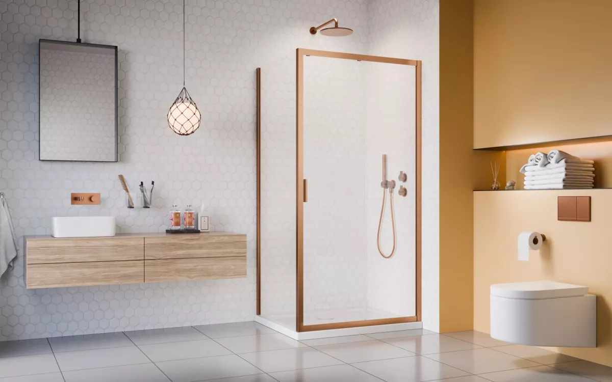 Alienta Brushed Copper DWJ+S szálcsiszolt réz zuhanykabin enteriőr (a képen jobbos zuhanykabin látható)