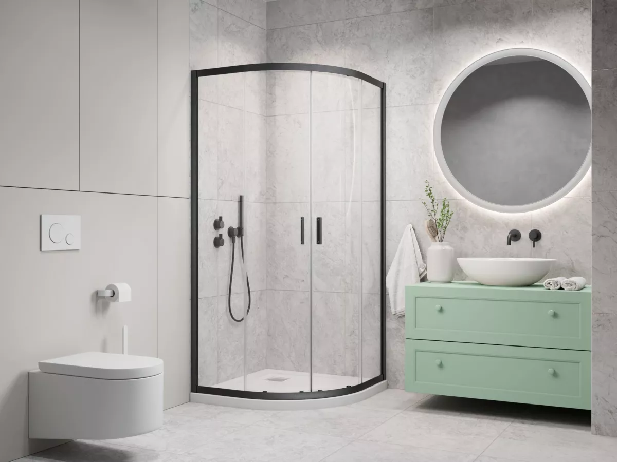 Alienta Brushed GunMetal A-C íves szálcsiszolt fegyvermetál zuhanykabin enteriőr