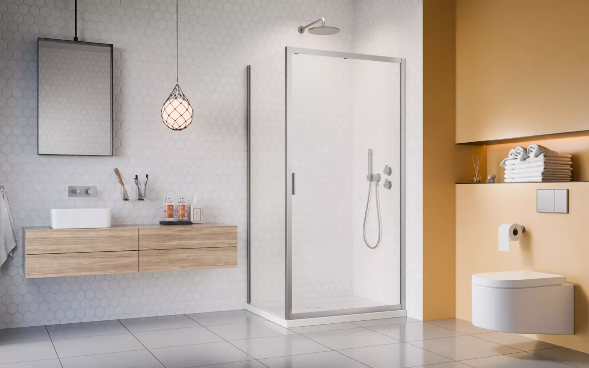 Alienta Brushed Nickel DWJ+S szálcsiszolt króm zuhanykabin enteriőr (a képen jobbos zuhanykabin látható)