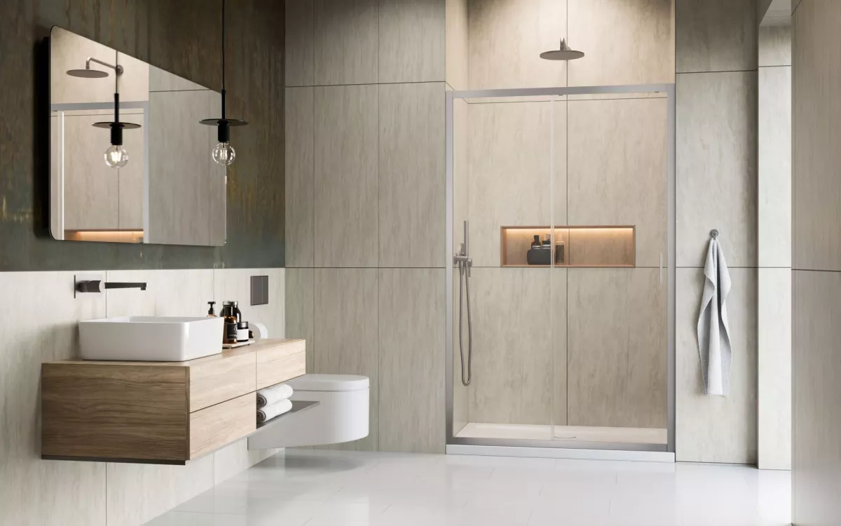 Alienta Brushed Nickel DWJ szálcsiszolt króm zuhanyajtó enteriőr (a képen balos zuhanyajtó látható)