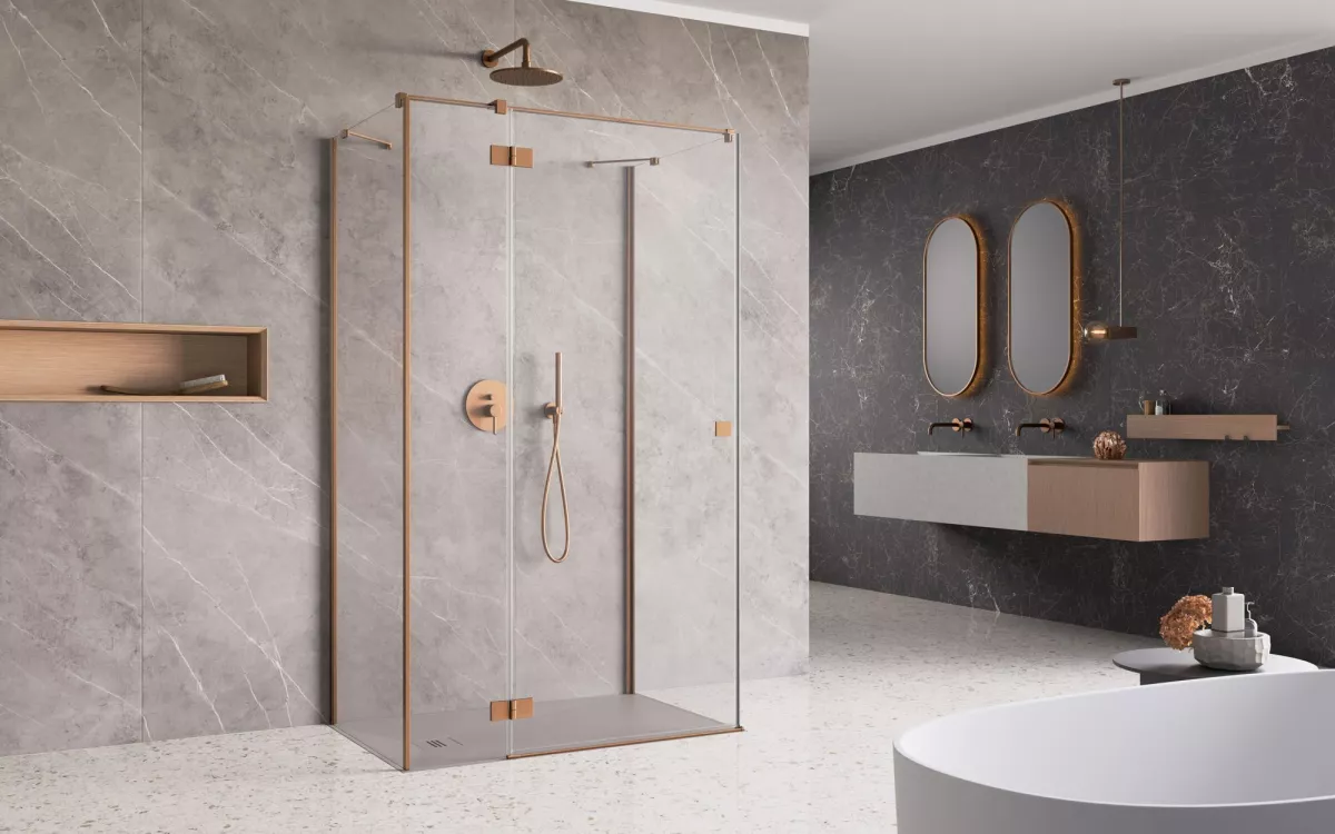 Essenza Brushed Copper ﻿KDJ+S ﻿szögletes ﻿szálcsiszolt réz zuhanykabin enteriőr (a képen balos zuhanykabin látható)