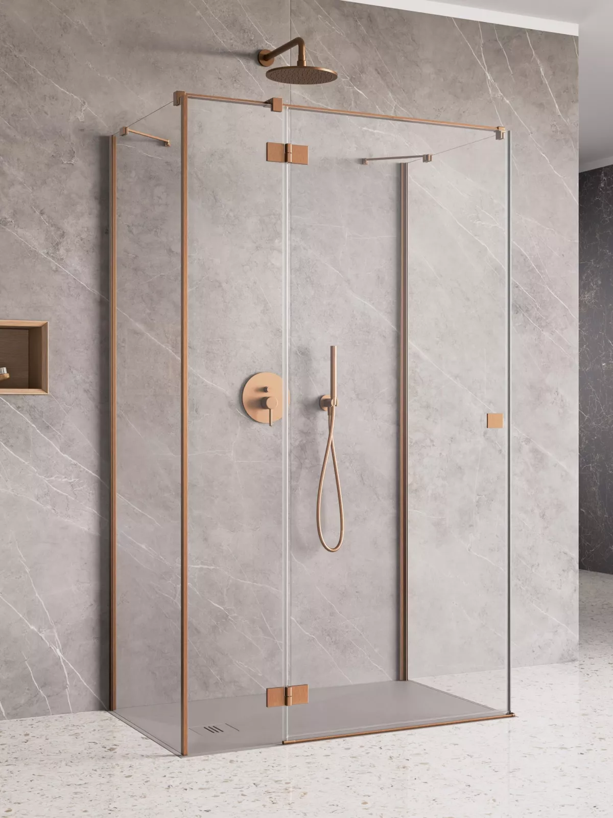 Essenza Brushed Copper ﻿KDJ+S ﻿szögletes ﻿szálcsiszolt réz zuhanykabin (a képen balos zuhanykabin látható)