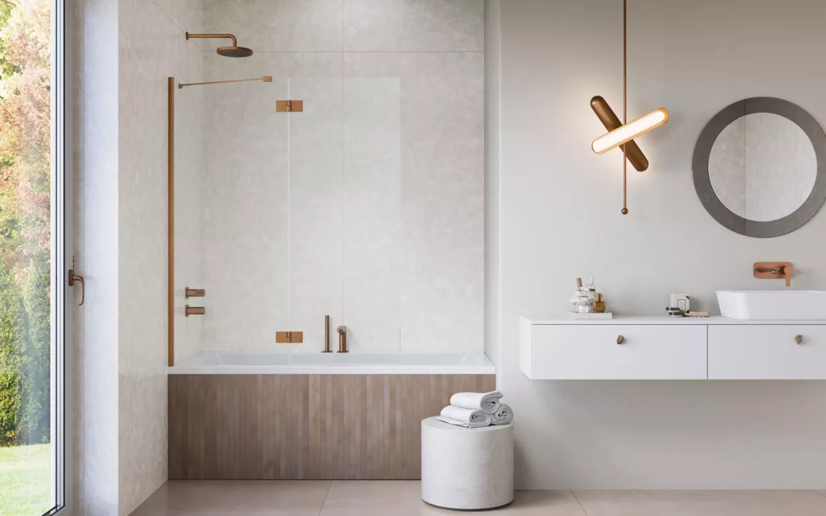 Essenza Brushed Copper ﻿PND II ﻿szálcsiszolt réz kádparaván﻿﻿ enteriőr (a képen balos kádparaván látható)