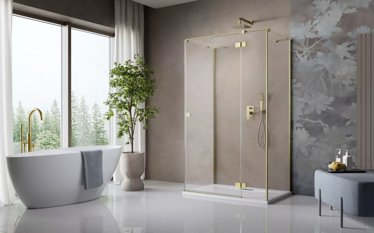 Essenza Brushed Gold ﻿KDJ+S ﻿szögletes ﻿szálcsiszolt arany zuhanykabin enteriőr (a képen jobbos zuhanykabin látható)