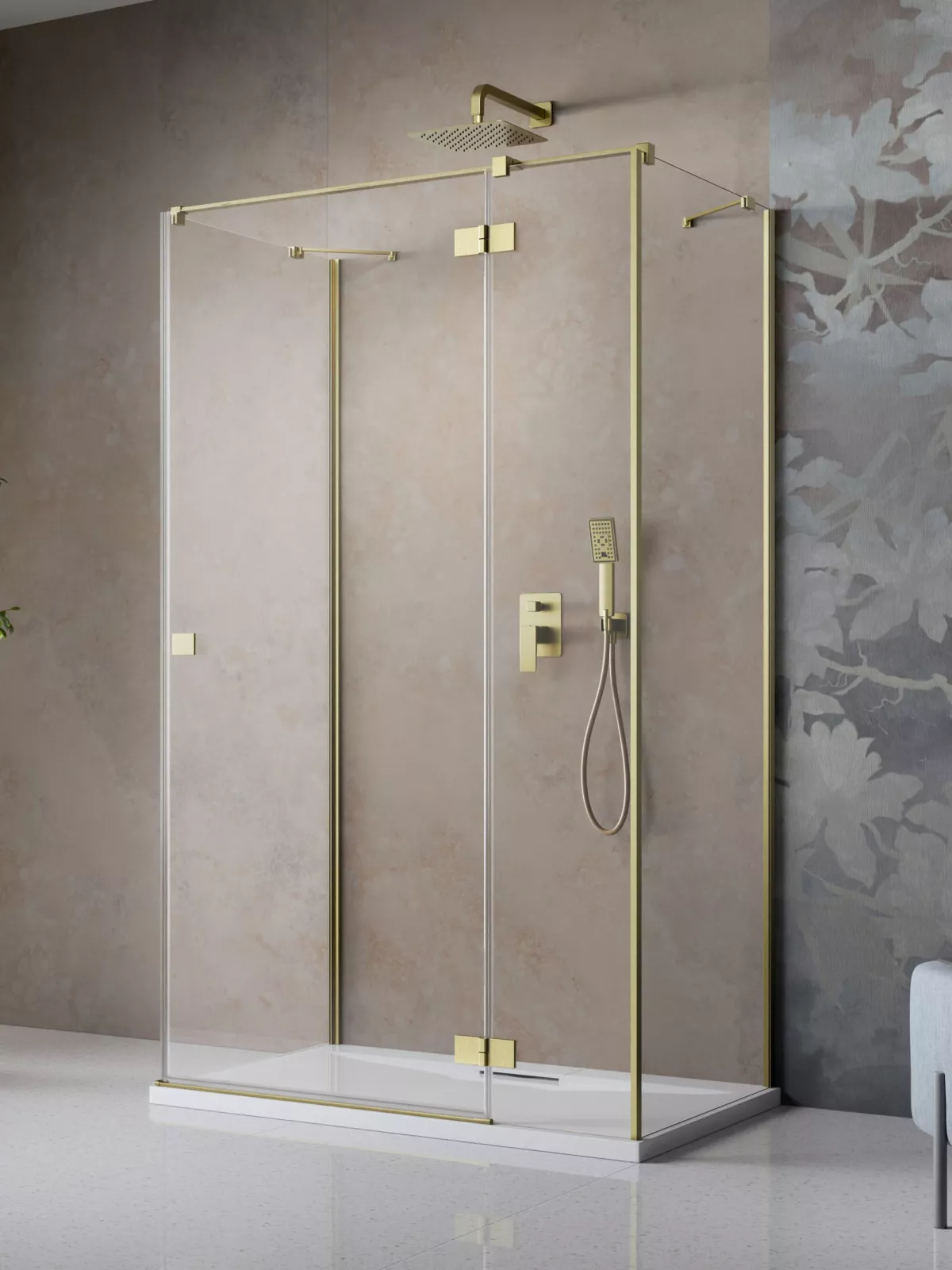 Essenza Brushed Gold ﻿KDJ+S ﻿szögletes ﻿szálcsiszolt arany zuhanykabin (a képen jobbos zuhanykabin látható)