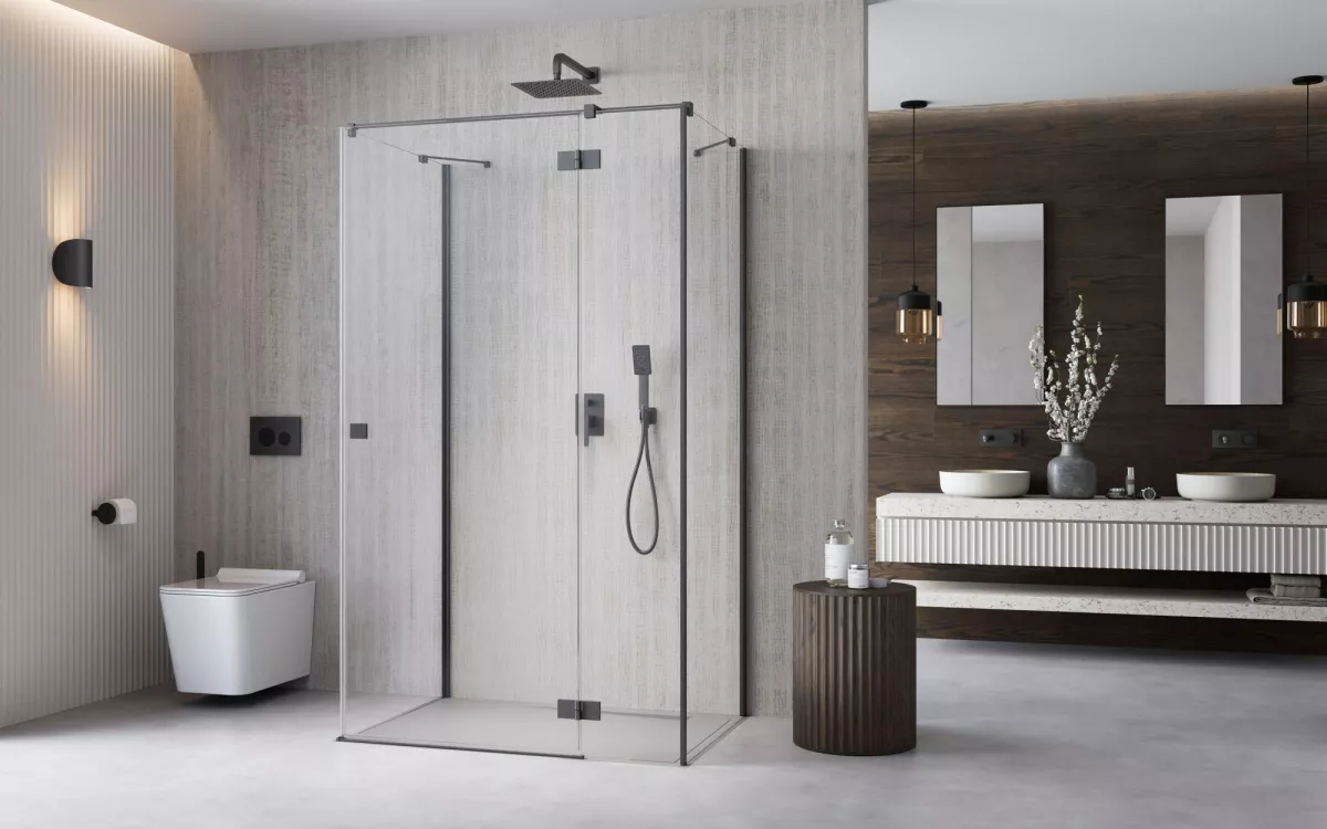 Essenza Brushed GunMetal ﻿KDJ+S ﻿szögletes ﻿szálcsiszolt fegyvermetál zuhanykabin enteriőr (a képen jobbos zuhanykabin látható)
