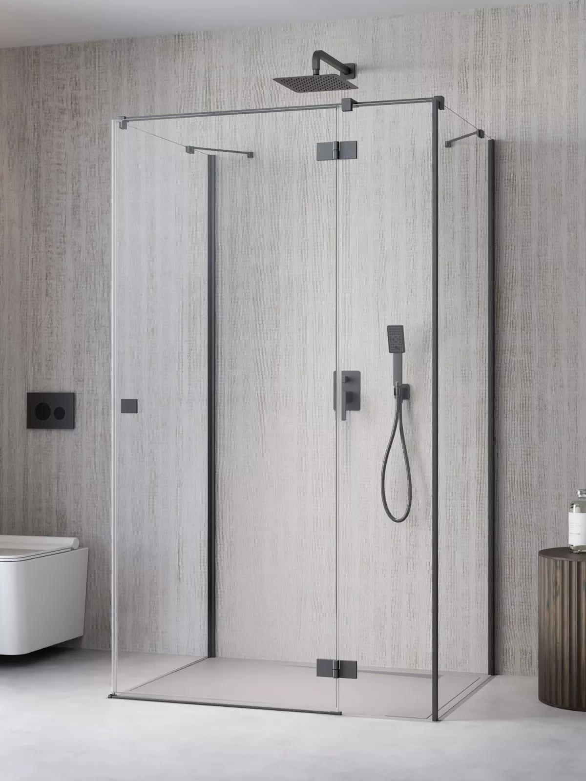Essenza Brushed GunMetal ﻿KDJ+S ﻿szögletes ﻿szálcsiszolt fegyvermetál zuhanykabin (a képen jobbos zuhanykabin látható)