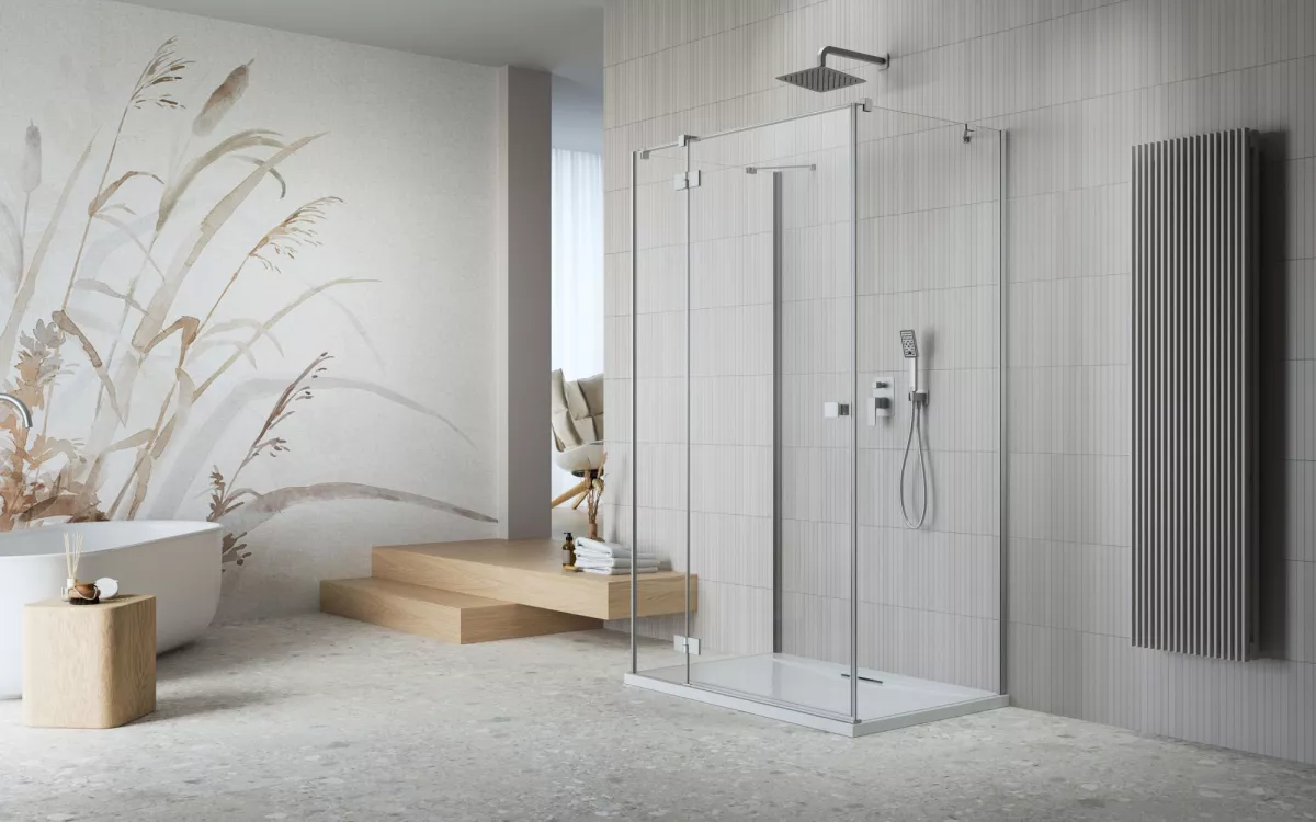 Essenza Brushed Nickel ﻿KDJ+S ﻿szögletes ﻿szálcsiszolt króm zuhanykabin enteriőr (a képen balos zuhanykabin látható)