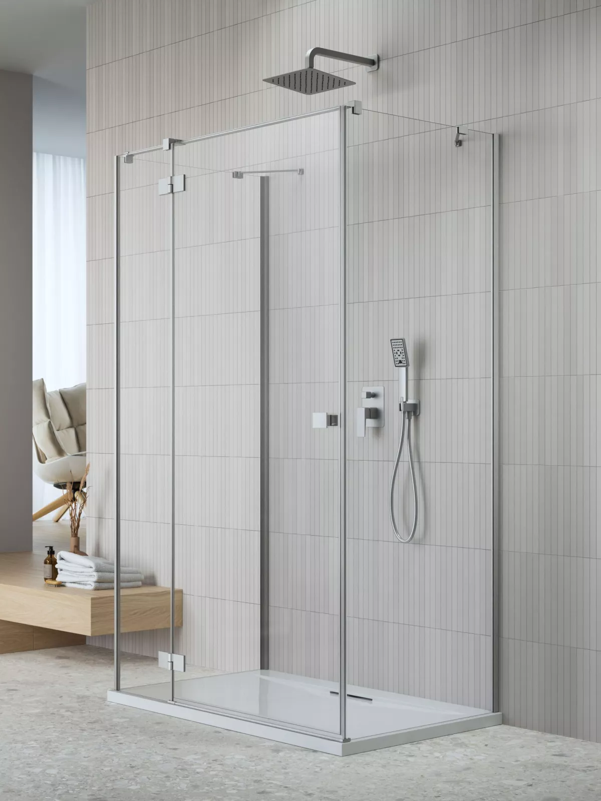 Essenza Brushed Nickel ﻿KDJ+S ﻿szögletes ﻿szálcsiszolt króm zuhanykabin (a képen balos zuhanykabin látható)