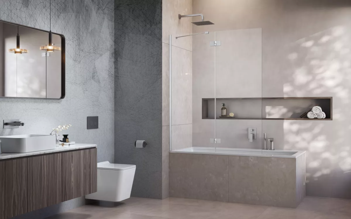 Essenza Brushed Nickel ﻿PND II ﻿szálcsiszolt króm kádparaván﻿ enteriőr (a képen balos kádparaván látható)