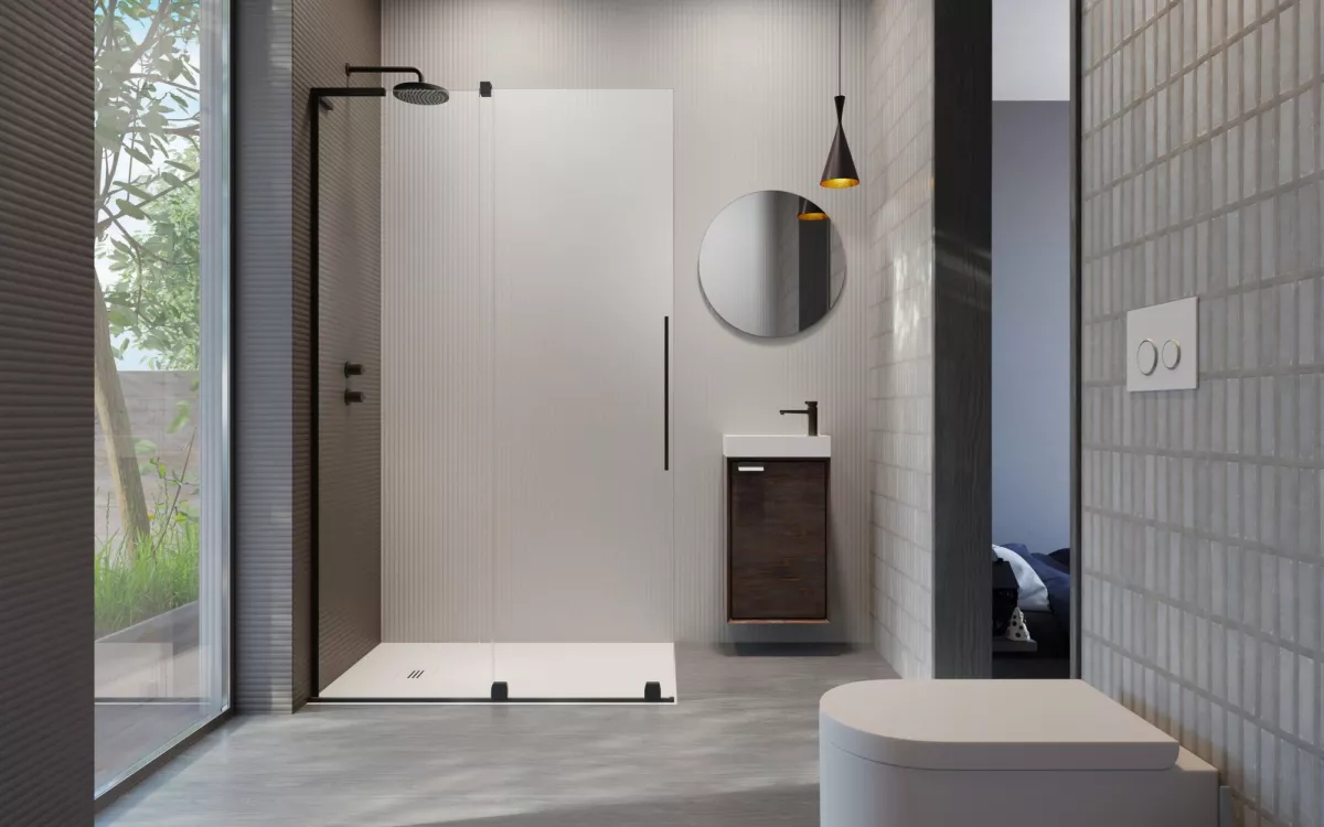Furo SL Black Walk-in fekete zuhanyfal enteriőr (a képen balos zuhanyfal látható)