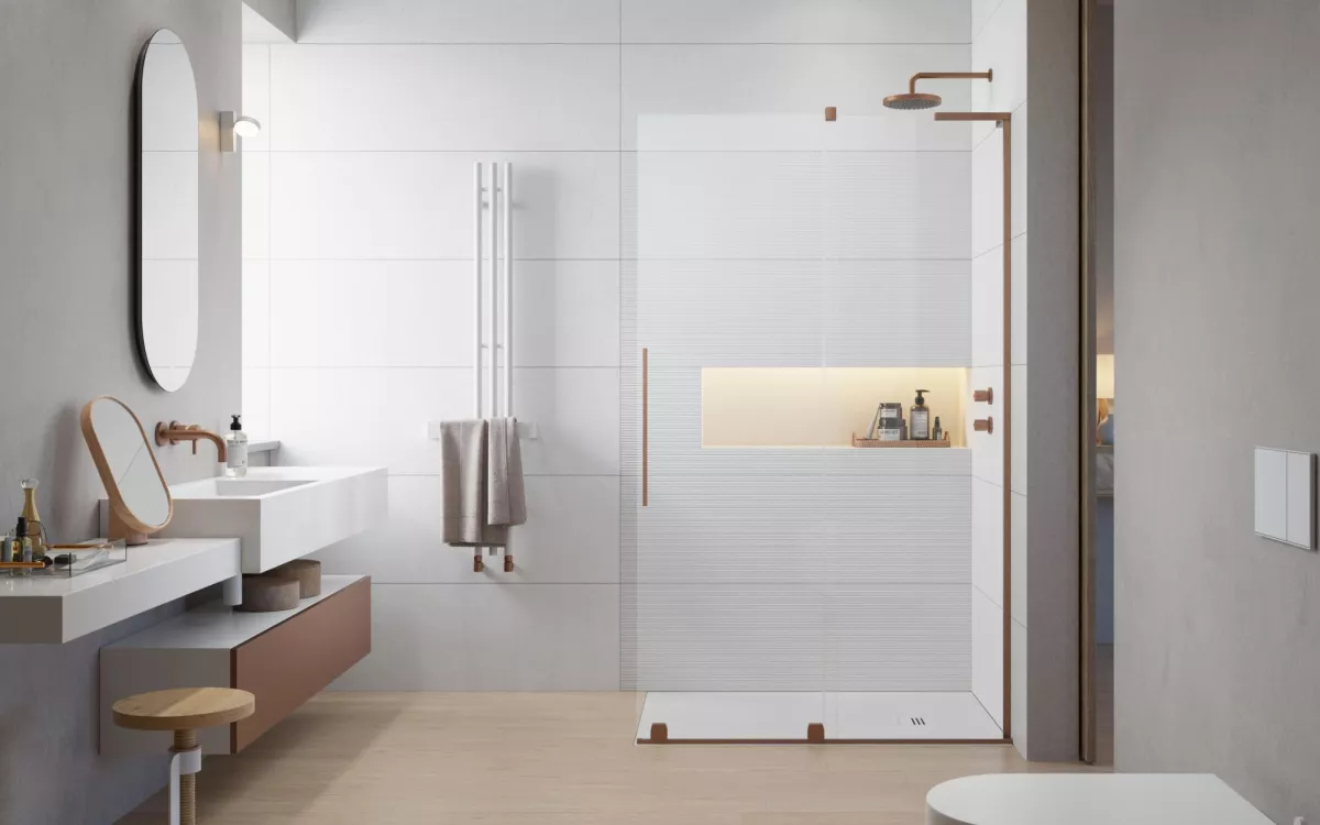 Furo SL Brushed Copper Walk-in szálcsiszolt réz zuhanyfal enteriőr (a képen jobbos zuhanyfal látható)