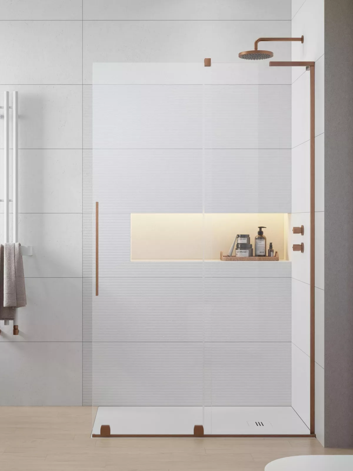 Furo SL Brushed Copper Walk-in szálcsiszolt réz zuhanyfal (a képen jobbos zuhanyfal látható)