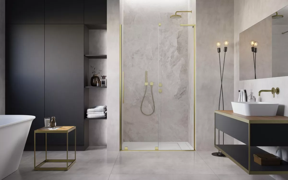 Furo SL Brushed Gold DWJ szálcsiszolt arany zuhanyajtó enteriőr (a képen jobbos zuhanyajtó látható)