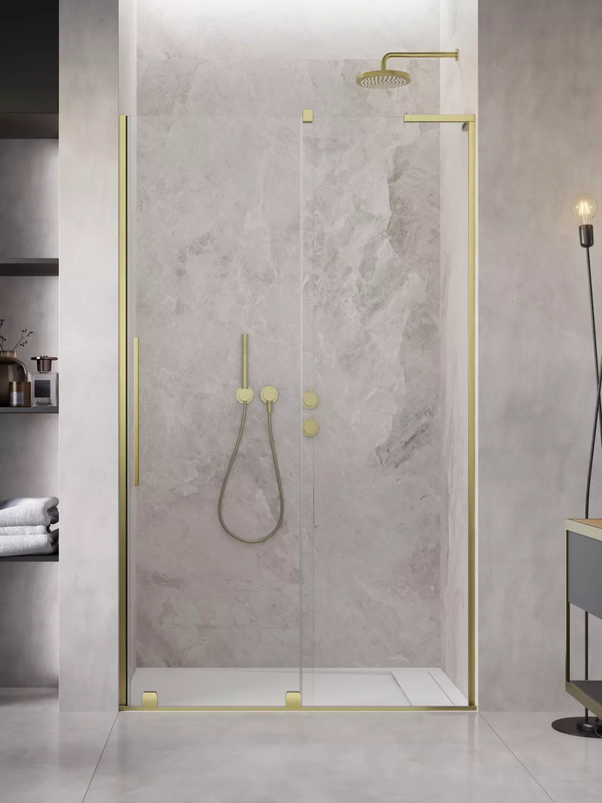 Furo SL Brushed Gold DWJ szálcsiszolt arany zuhanyajtó (a képen jobbos zuhanyajtó látható)