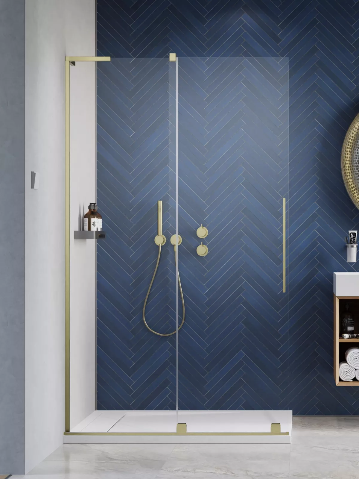 Furo SL Brushed Gold Walk in szálcsiszolt arany zuhanyfal (a képen balos zuhanyajtó látható)