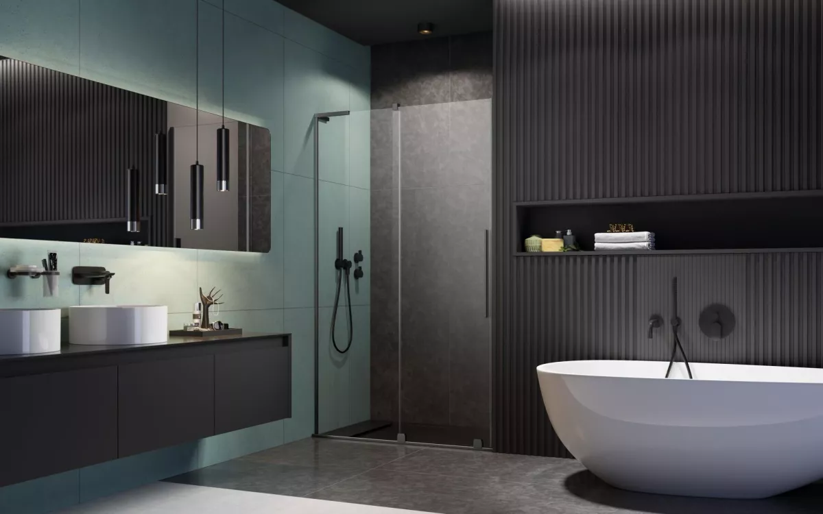 Furo SL Brushed GunMetal DWJ szálcsiszolt fegyvermetál zuhanyajtó enteriőr (a képen balos zuhanyajtó látható)