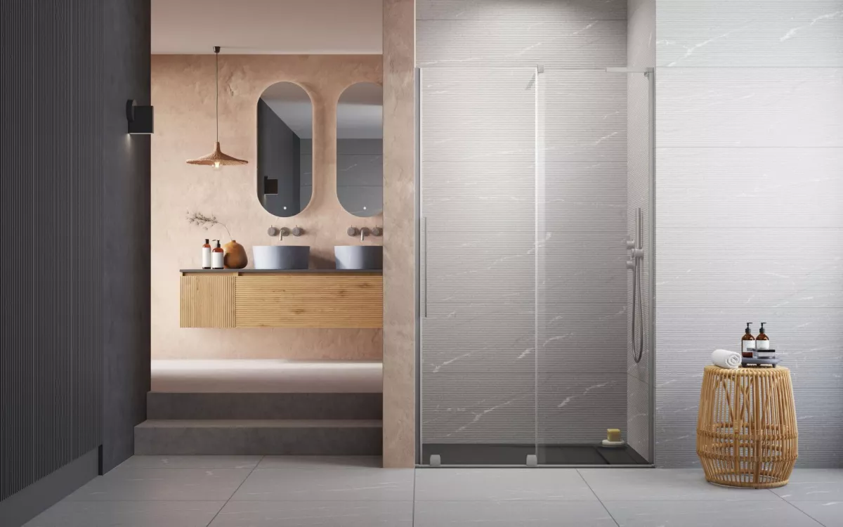 Furo SL Brushed Nickel DWJ szálcsiszolt króm zuhanyajtó enteriőr (a képen jobbos zuhanyajtó látható)