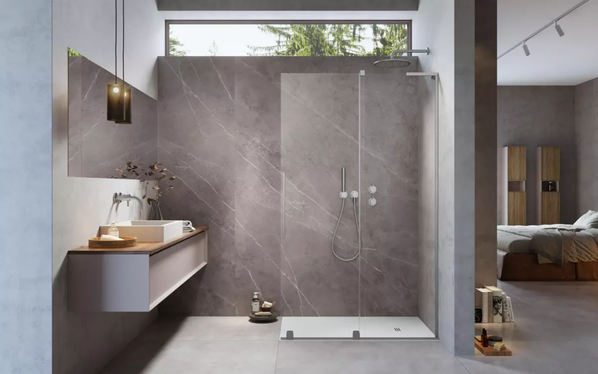Furo SL Brushed Nickel Walk-in szálcsiszolt króm zuhanyfal enteriőr (a képen jobbos zuhanyfal látható)