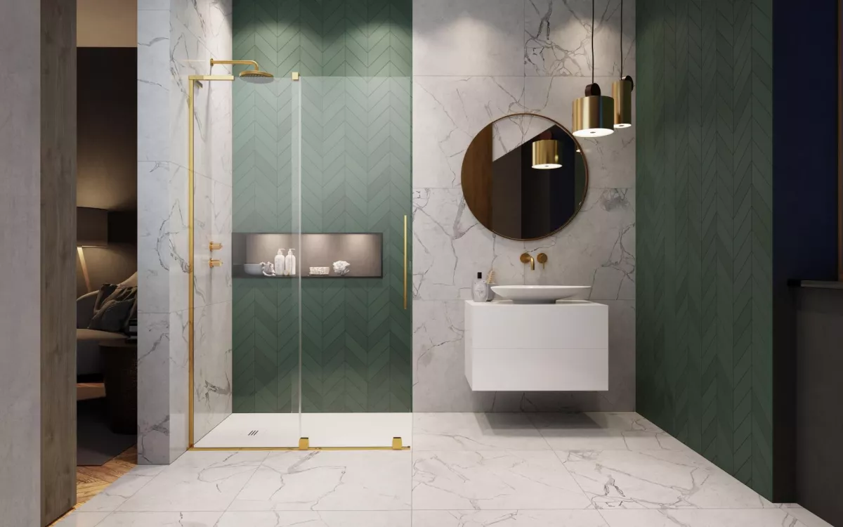 Furo SL Gold Walk-in arany zuhanyfal enteriőr (a képen balos zuhanyajtó látható)