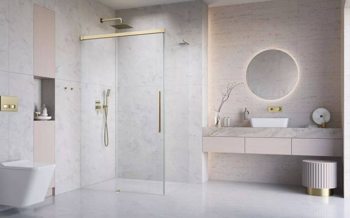 Idea 8 QL Brushed Gold KDJ szálcsiszolt arany zuhanykabin enteriőr (a képen balos zuhanykabin látható)