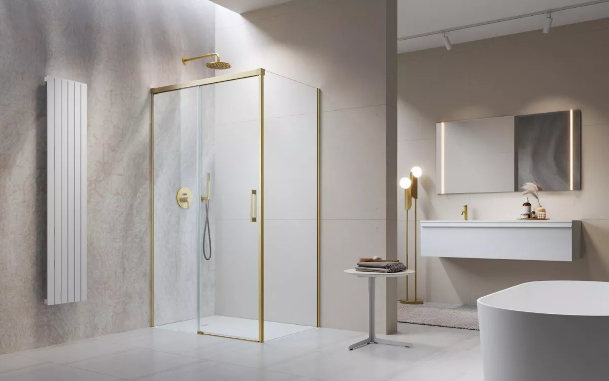 Idea Brushed Gold KDJ szálcsiszolt arany zuhanykabin enteriőr (a képen balos zuhanykabin látható)