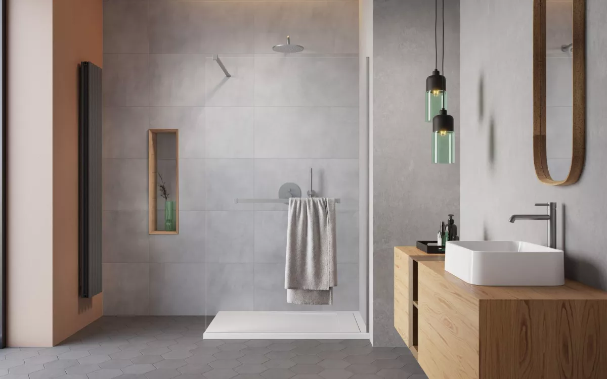 Modo New Brushed Nickel II Walk-in szálcsiszolt króm zuhanyfal törölközőtartóval enteriőr