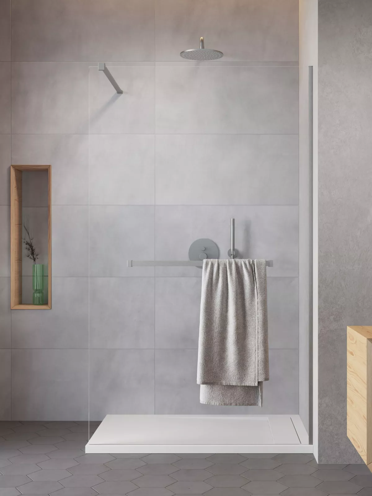 Modo New Brushed Nickel II Walk-in szálcsiszolt króm zuhanyfal törölközőtartóval