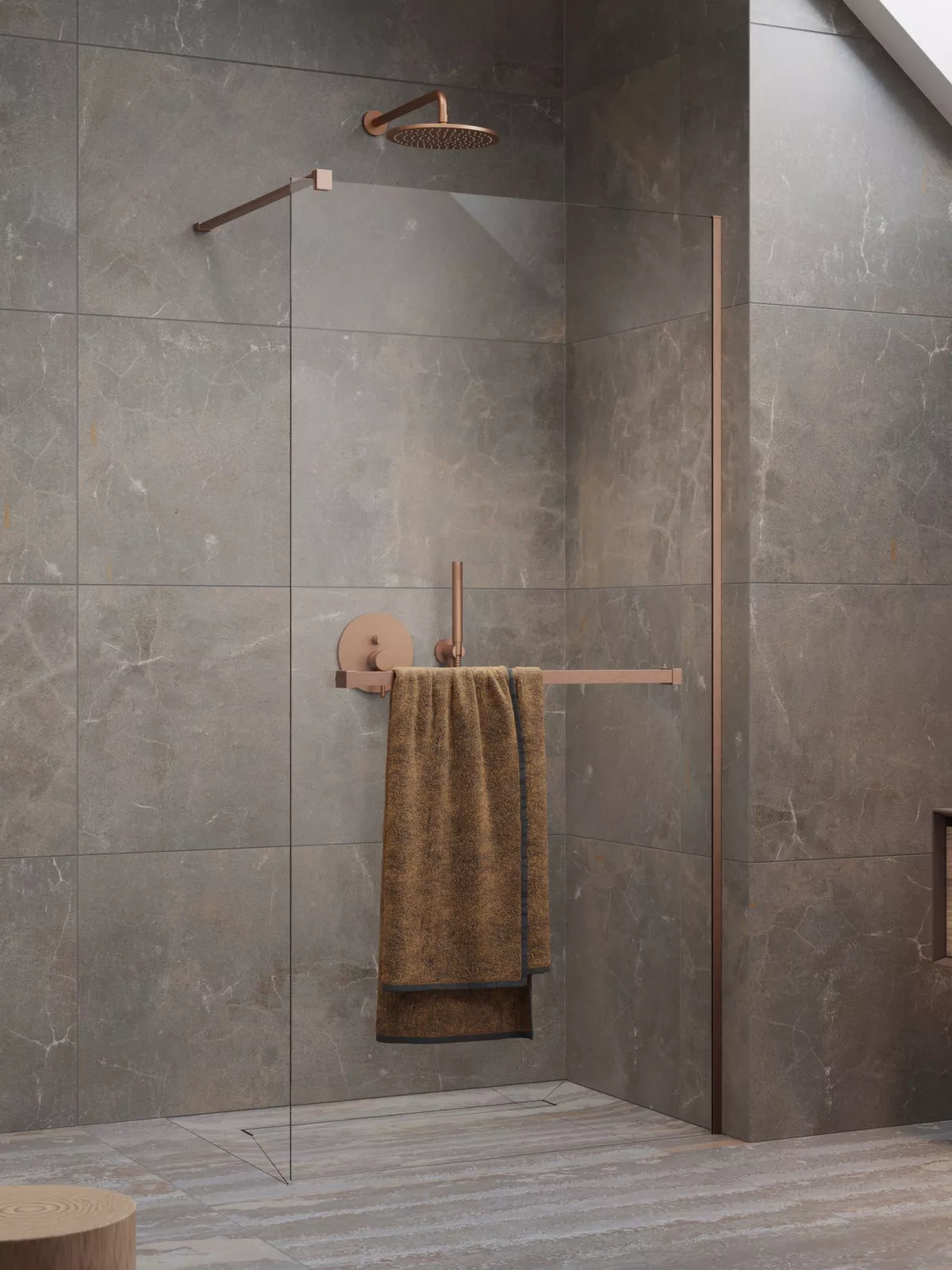 Modo New Brushed Copper II Walk-in szálcsiszolt réz zuhanyfal törölközőtartóval