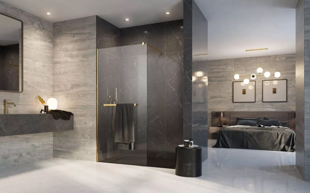Modo New Gold II Walk-in arany zuhanyfal törölközőtartóval enteriőr